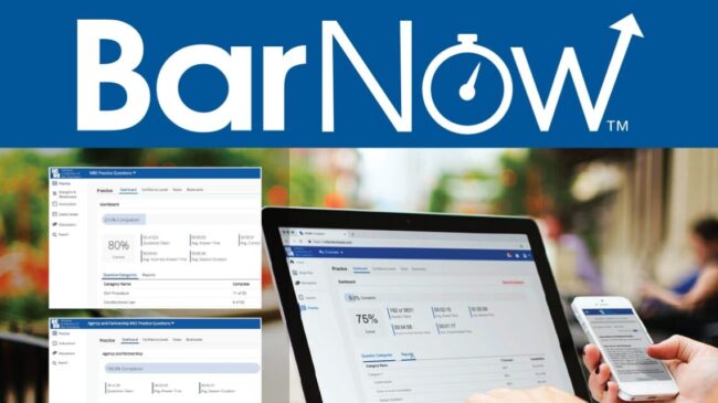 BarNow logo and screen shots of online learning platform
