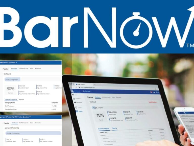 BarNow logo and screen shots of online learning platform